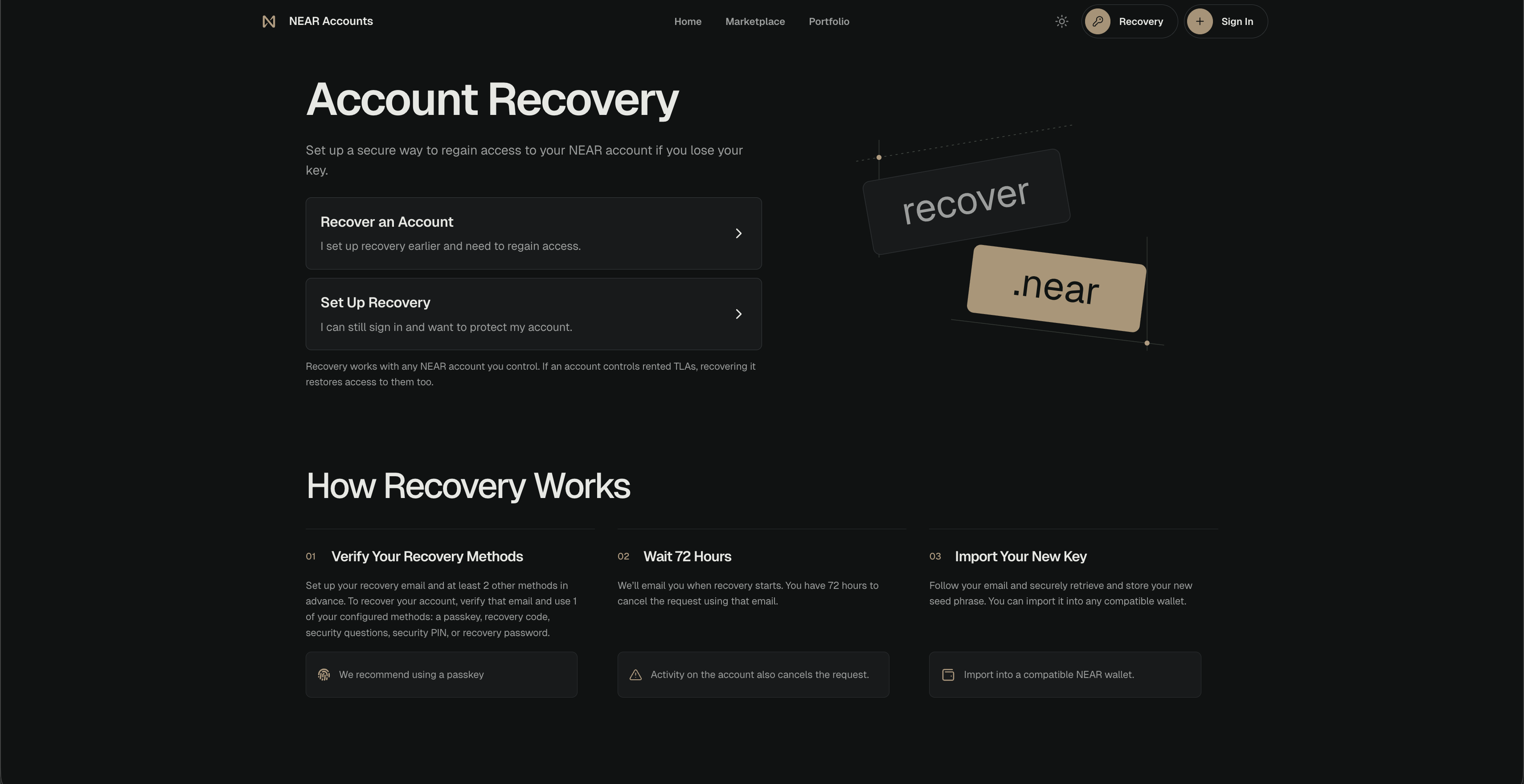 NEAR Account Recovery page with options to set up recovery or recover an account and an overview of the recovery process