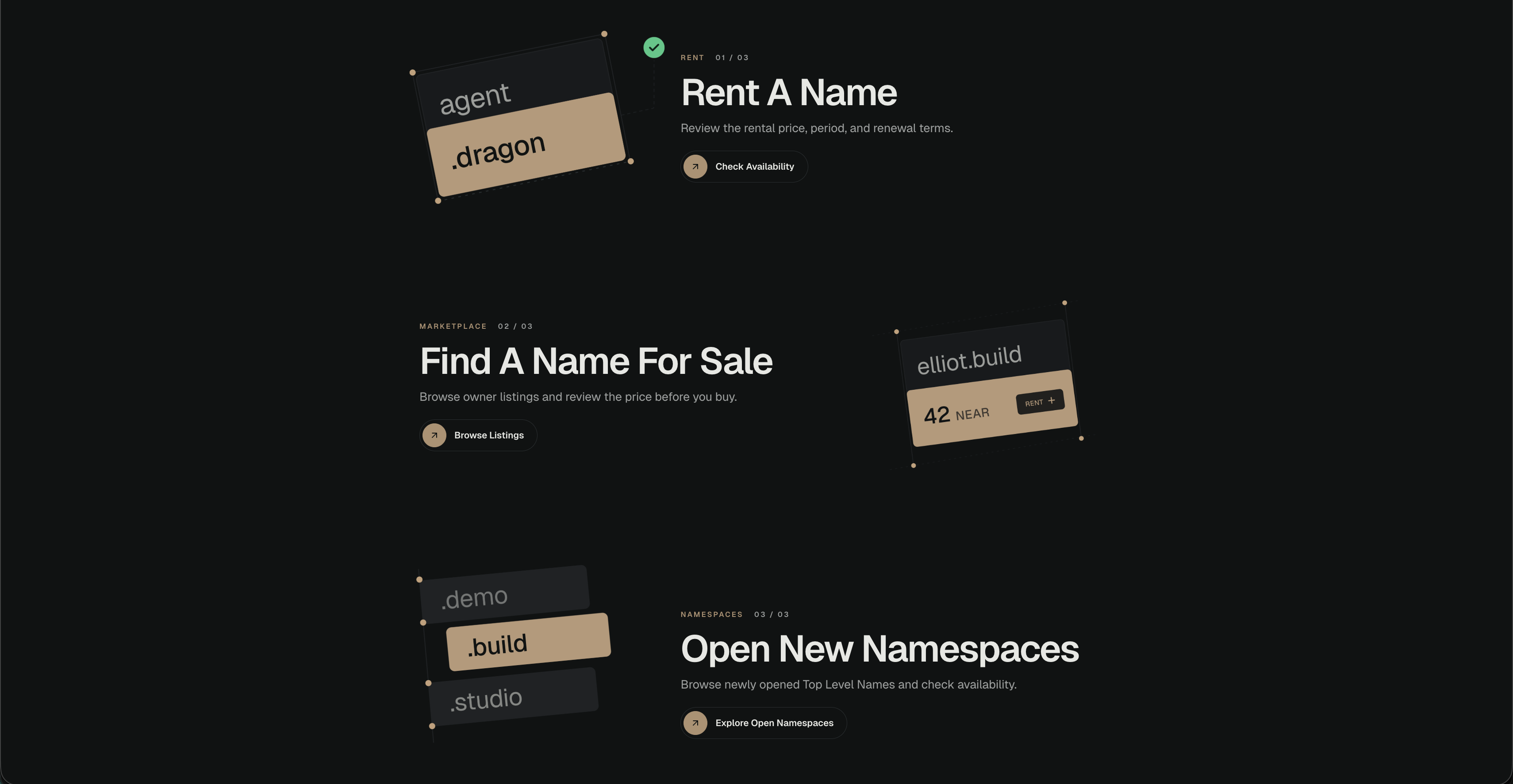 NEAR Accounts options to rent a name, find a name for sale, and explore open namespaces